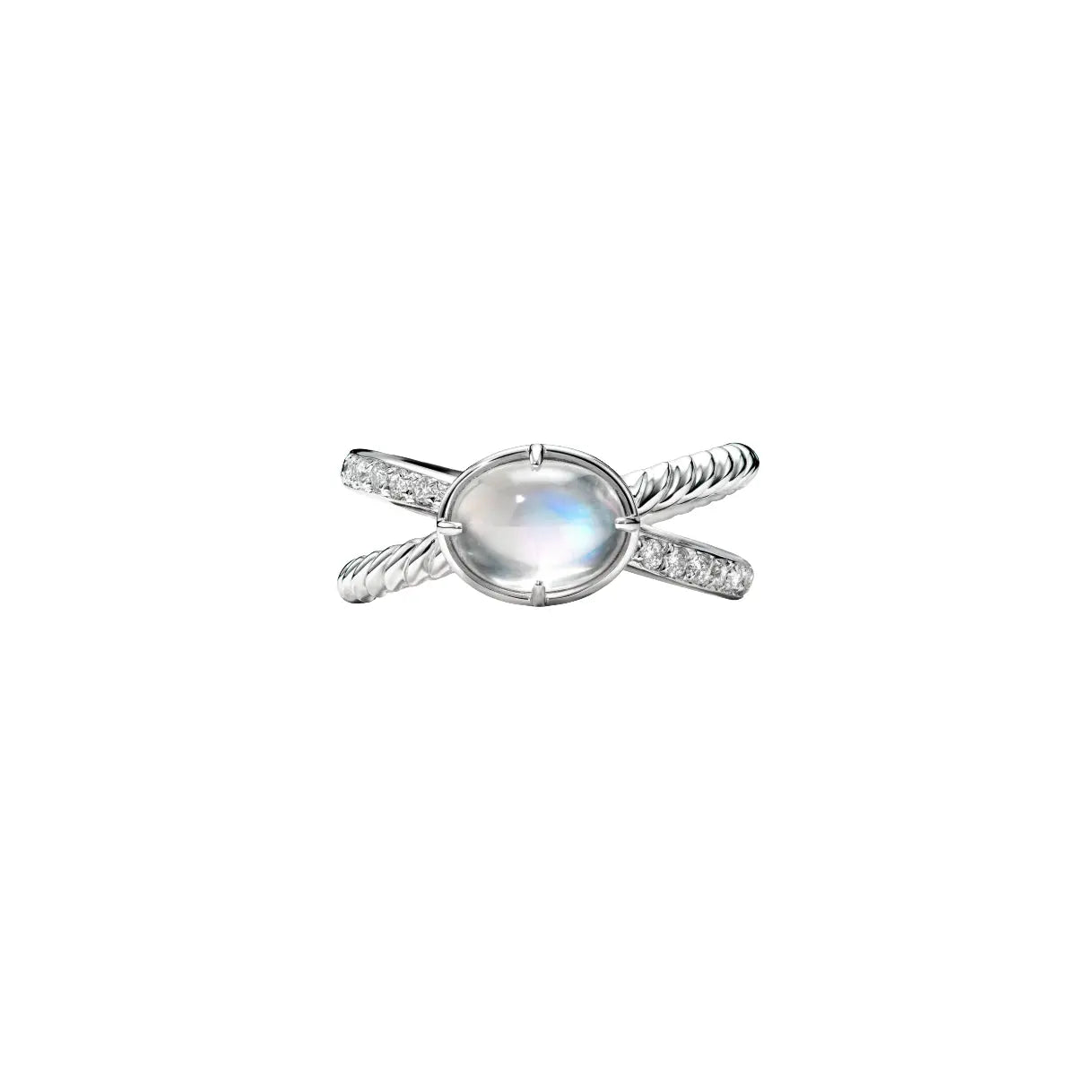 Silver-tone ring with round iridescent center, twisted shanks, small clear stones
