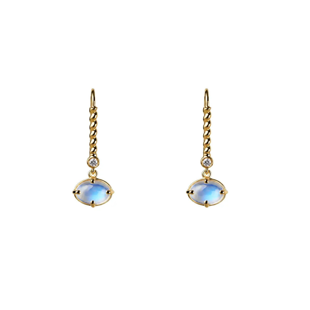 Gold-tone drop earrings with blue oval pendant and clear stone on chain