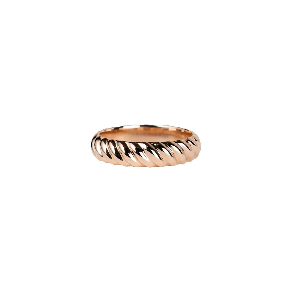 Rose gold metal band ring with diamond-cut weave pattern and black accents