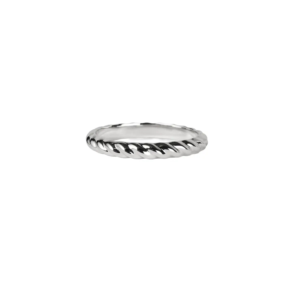 Silver dainty weave ring band with flat braided pattern, smooth edges