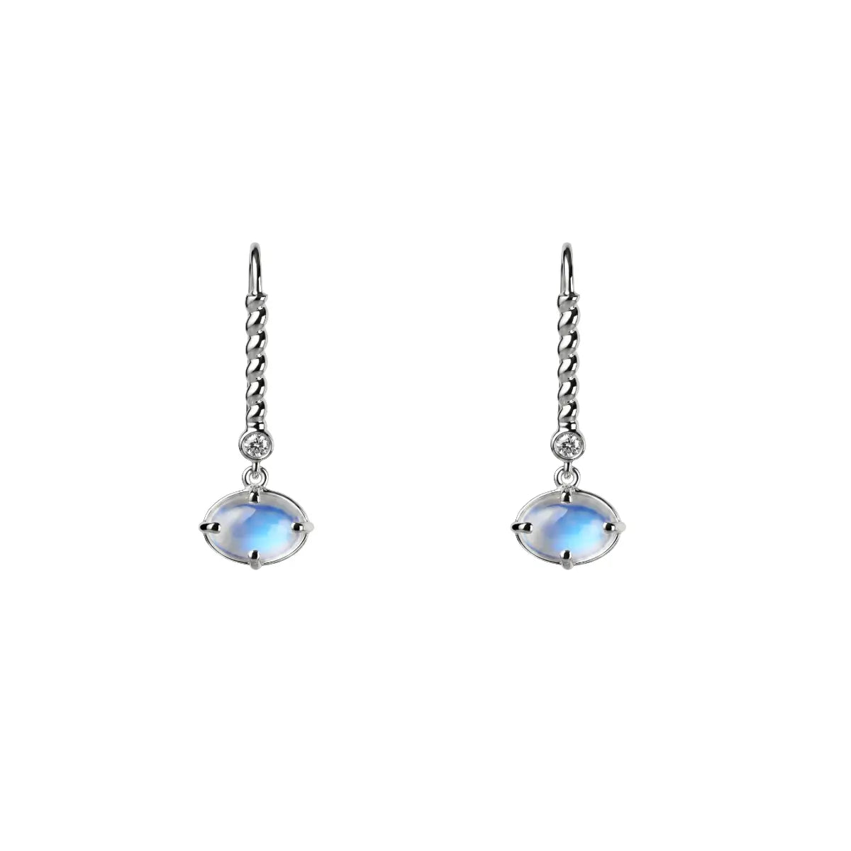 Silver-tone dangle earrings with beaded chain and blue oval gemstone drops