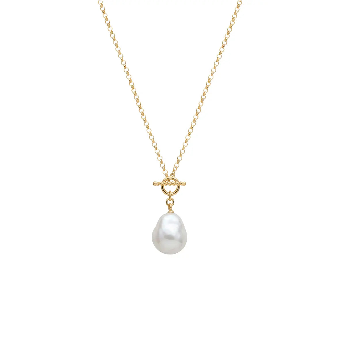 Gold-tone chain necklace with anchored charm and teardrop pearl pendant