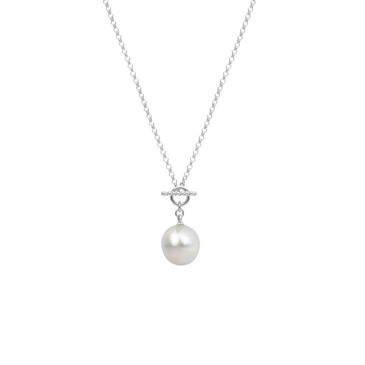 Silver anchor pendant necklace with round white pearl and small clasp detail