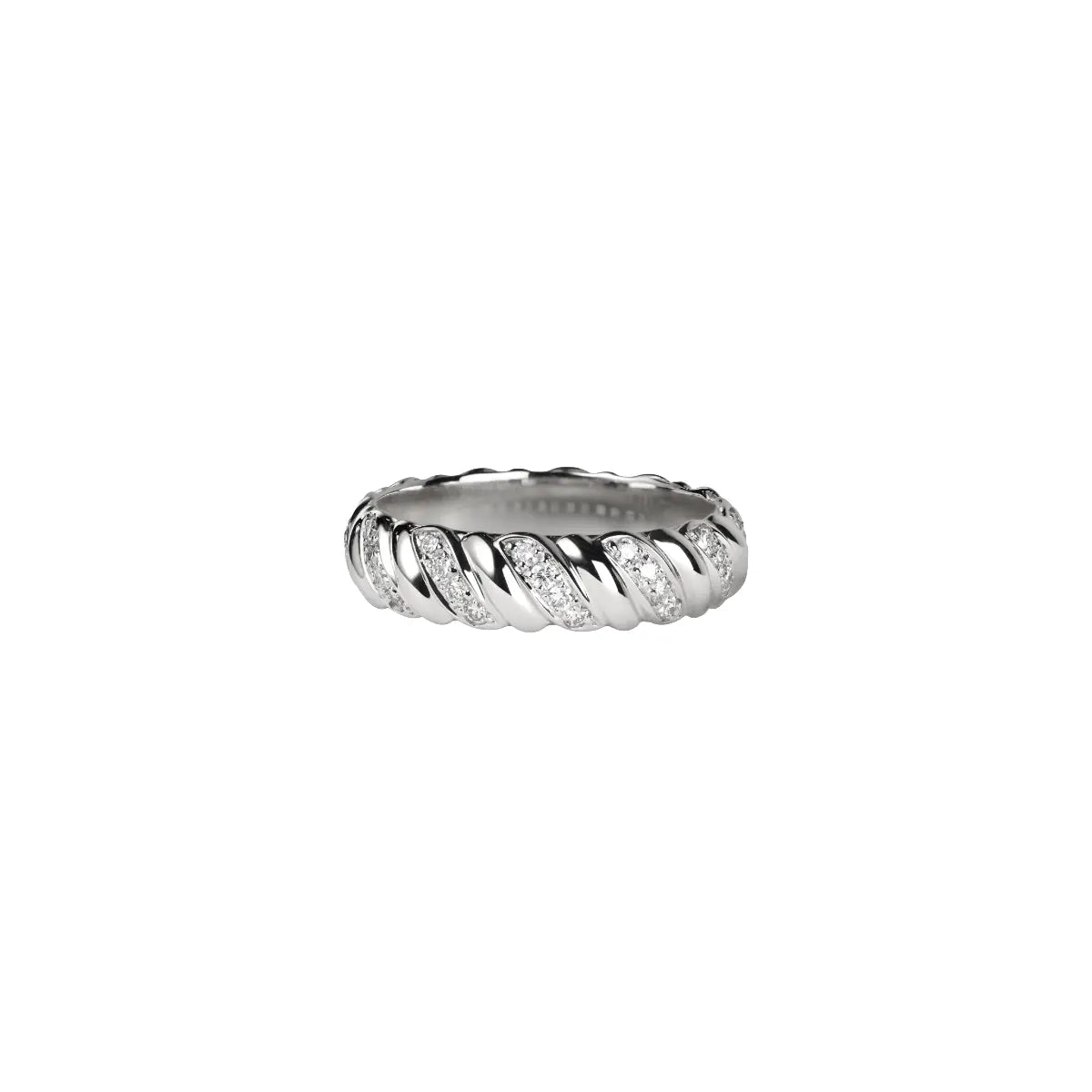 Silver diamond-weave band ring with central curved row of stones